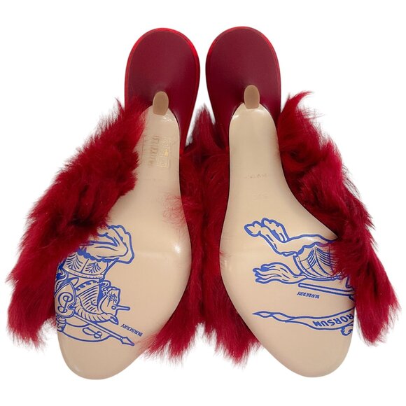 Burberry Prorsum Red Shearling Slide Sandals with Plaid - Picture 6 of 7